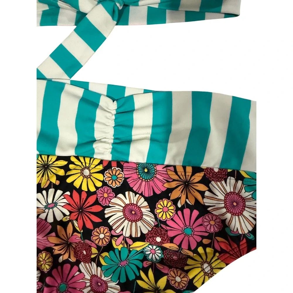 Roxy Girls Floral Striped Halter Bikini‎ Two Piece Swimsuit Teal Multicolor
